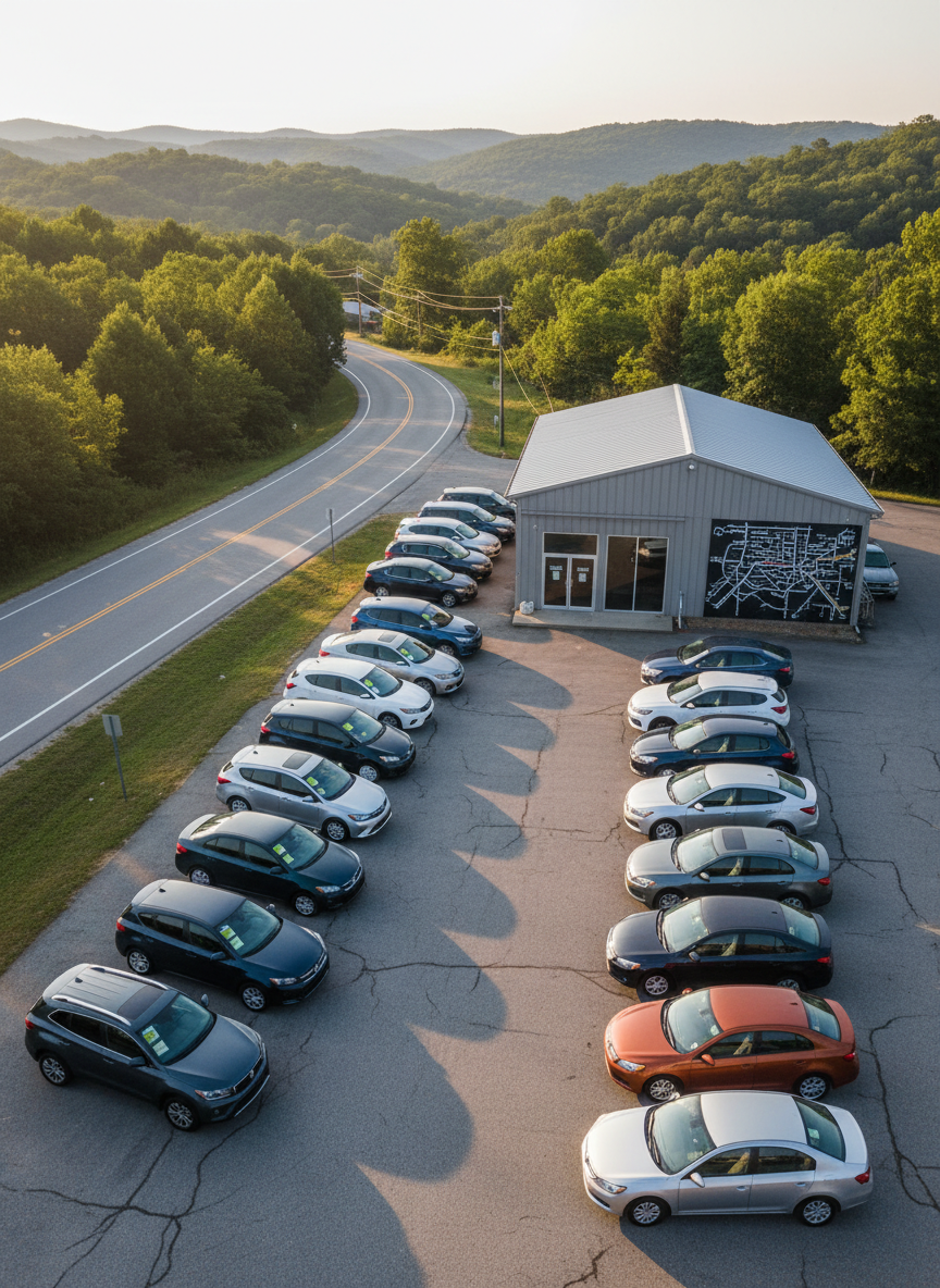 A wide, elevated, photographic view of a compact used car lot nestled against gently rolling, tree-covered hills that evoke the Eureka Springs, Arkansas area. The dealership sits at a small roadside curve, with a tidy row of varied pre-owned vehicles arranged diagonally toward the camera, showcasing different colors and body styles. Discreet windshield markers suggest pricing and mileage without readable text. A simple, neutral building with a metal roof and glass entry doors anchors the background, with a large wall-mounted map graphic hinting at local streets and highways. Late afternoon sunlight adds warmth, with soft shadows lengthening across the pavement, creating a welcoming, local-business atmosphere for an “About Our Dealership” page.