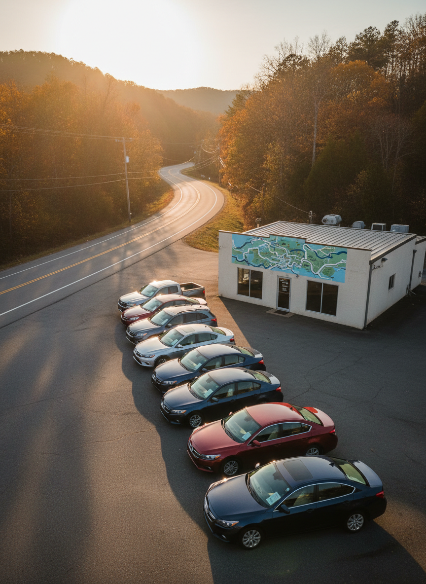 A wide, elevated, photographic view of a compact used car lot nestled against gently rolling, tree-covered hills that evoke the Eureka Springs, Arkansas area. The dealership sits at a small roadside curve, with a tidy row of varied pre-owned vehicles arranged diagonally toward the camera, showcasing different colors and body styles. Discreet windshield markers suggest pricing and mileage without readable text. A simple, neutral building with a metal roof and glass entry doors anchors the background, with a large wall-mounted map graphic hinting at local streets and highways. Late afternoon sunlight adds warmth, with soft shadows lengthening across the pavement, creating a welcoming, local-business atmosphere for an “About Our Dealership” page.
