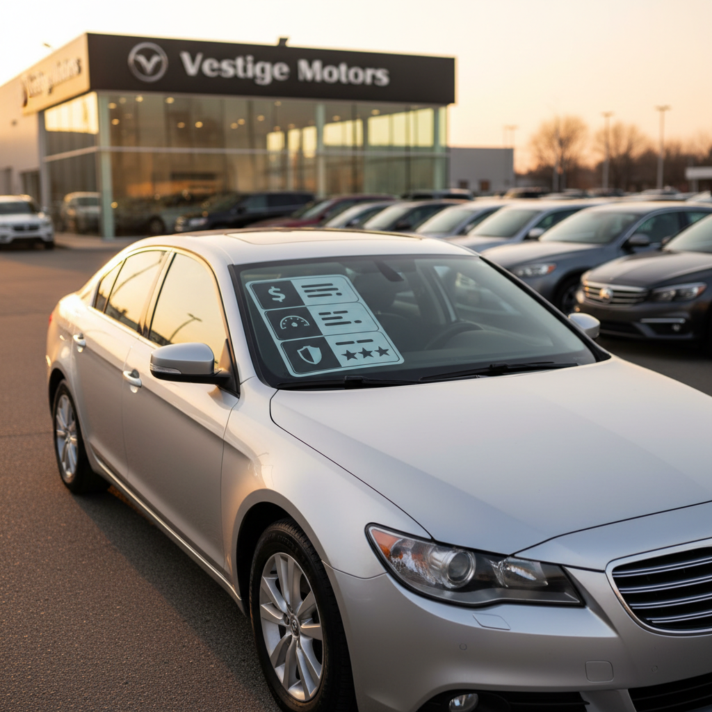 A close, three-quarter angle shot of a silver mid-size sedan in excellent used condition parked at the front of a dealership lot, its paint gleaming with subtle reflections of the sky. On the windshield, a large, tidy info sticker uses icons and numeric-style marks to imply price, mileage, year, and condition ratings without readable text. Behind it, other used vehicles softly blur into the background, and a glass-front building hints at the Vestige Motors showroom. Golden hour sunlight casts warm highlights and long, gentle shadows, creating a confident, inviting mood. Photographic realism with a shallow depth of field emphasizes this car as a featured inventory listing image.