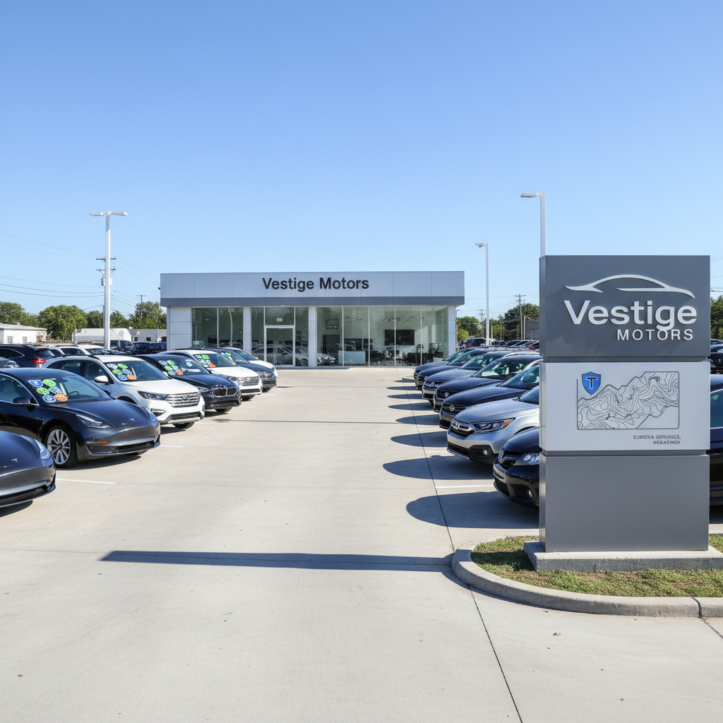A clean, well-organized used car dealership lot labeled Vestige Motors, photographed in bright afternoon light under a clear sky. A mix of late-model sedans and SUVs with shiny, well-detailed exteriors form neat rows, each vehicle with a clearly visible windshield tag that hints at make, model, year, price, mileage, and condition using color-coded symbols instead of text. In the background, a small, modern showroom building with large glass windows and neutral colors sits beside a subtle map-inspired graphic on a monument sign, suggesting a Eureka Springs, Arkansas location. Eye-level composition, crisp focus, and photographic realism create a professional, trustworthy atmosphere suitable for a homepage hero image.
