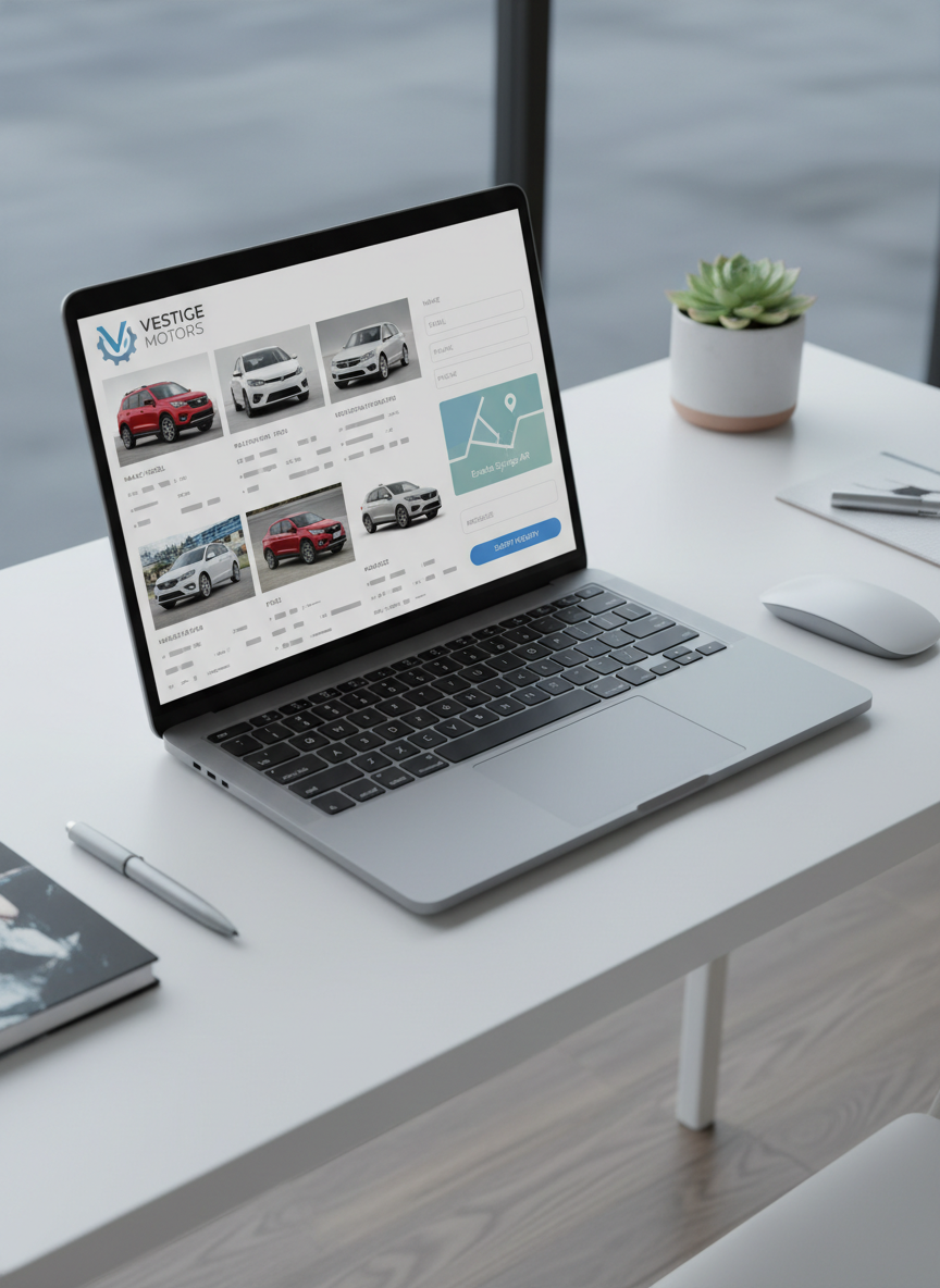 A crisp, photographic overhead three-quarters view of a computer laptop on a minimalist desk, its screen filled with a realistic used car inventory grid. Each vehicle tile shows a high-quality thumbnail of a different car, with abstracted bars and symbols where make, model, year, price, and mileage would appear, avoiding legible text. To one side of the grid, a prominent lead capture panel with form-like boxes and a map-style miniature graphic suggests the dealership’s Eureka Springs AR location. Clean, cool daylight from an unseen window softly illuminates the scene, creating gentle shadows around the keyboard and mouse. The composition is balanced and modern, conveying easy online browsing and contact for Vestige Motors.